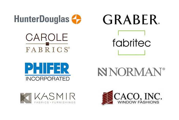 HunterDouglas, Carole Fabrics, Phifer Inc, Kasmir, Graber, Fabritec, Norman, and Caco Inc logos